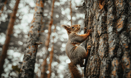 Top view of a squirrel climbing up a tree trunkの素材