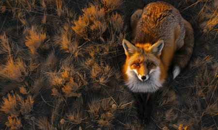 Top view of a fox prowling through the forestの素材