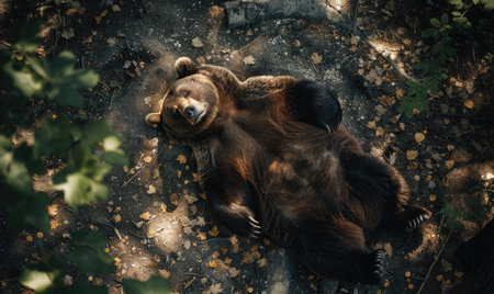 Top view of a bear lying in the shadeの素材