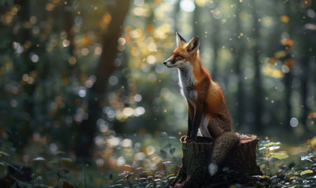 Fox sitting by a river, lush greeneryの素材