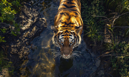 Top view of a tiger standing on a riverbankの素材