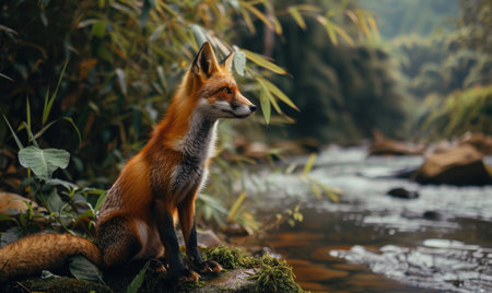 Fox sitting by a river, lush greeneryの素材