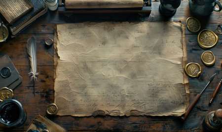 Antique desk with vintage writing supplies, top viewの素材