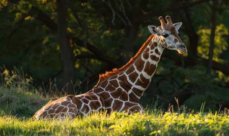 Giraffe lying down in the grassの素材
