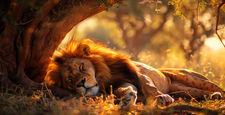 Lion lying under an acacia tree, dappled sunlightの素材