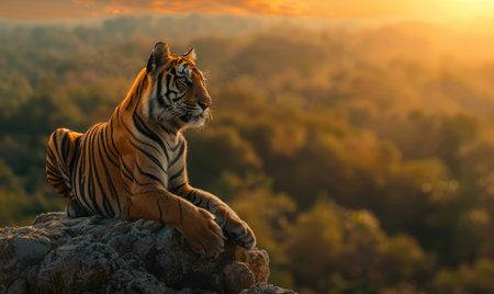 Top view of a tiger sitting on a rockの素材