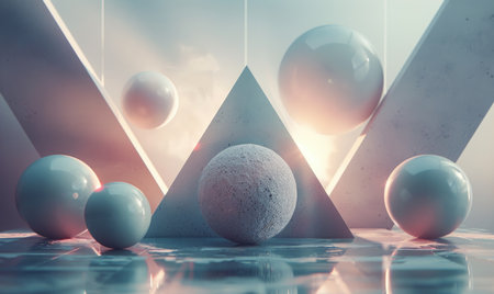 Direct view of a geometric composition with spheres, cubes, and pyramids, arranged in a symmetrical patternの素材