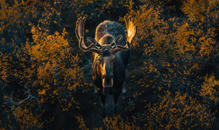 Top view of a moose standing at the edge of a forest clearingの素材
