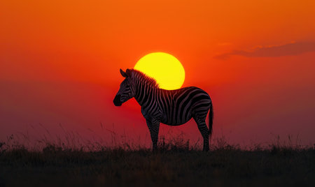 Top view of a zebra silhouetted against the setting sunの素材