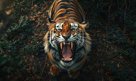 Top view of a tiger roaring in the forestの素材