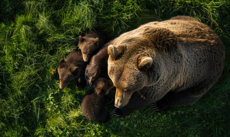 Top view of a bear with cubs, playing in the grassの素材