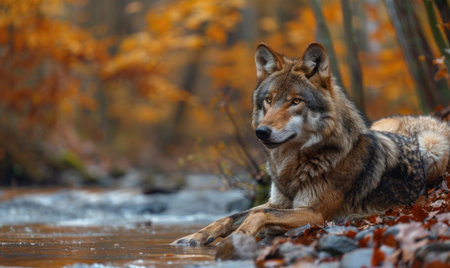 Wolf resting by a stream, autumn forestの素材