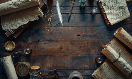 Antique desk with vintage writing supplies, top viewの素材