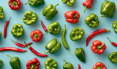 Top view of colorful peppers on a pastel green backgroundの素材