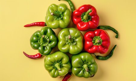 Top view of colorful peppers on a pastel yellow backgroundの素材