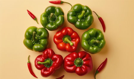 Top view of colorful peppers on a pastel yellow backgroundの素材