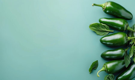 Top view of hot peppers scattered on a pastel blue backgroundの素材
