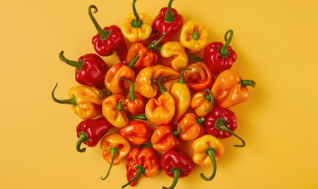 Mix of peppers on a light yellow backgroundの素材