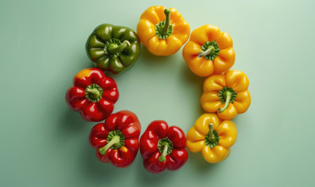 Top view of hot peppers scattered on a pastel green backgroundの素材