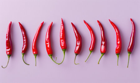 Top view of hot peppers scattered on a purple backgroundの素材