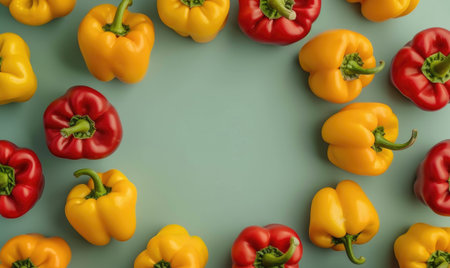 Top view of hot peppers scattered on a pastel green backgroundの素材