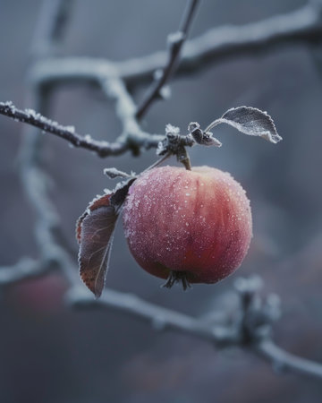 Apple on a branch with a slight frostの素材