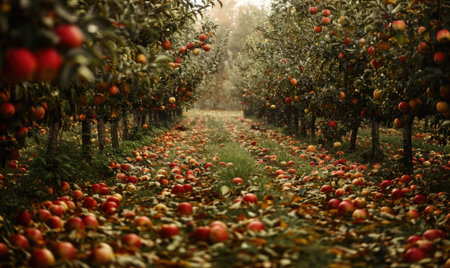 Apple orchard with rows of apple trees fallen apples on the groundの素材