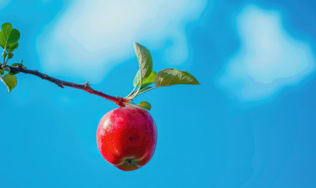 Apple on a branch with a blue sky backgroundの素材