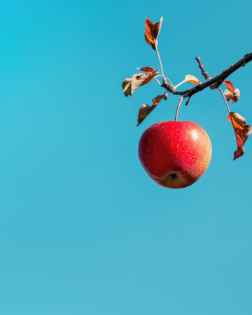 Apple on a branch with a blue sky backgroundの素材