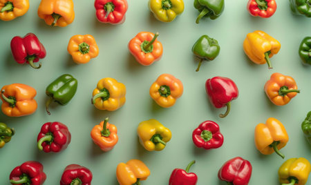 Top view of colorful bell peppers on a pastel green backgroundの素材