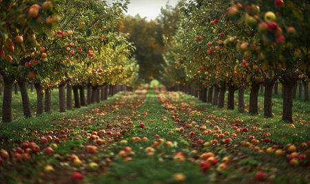 Apple orchard with rows of apple trees fallen apples on the groundの素材