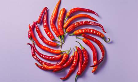 Red hot chili peppers on a purple background. Flat lay, top viewの素材