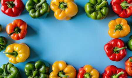 Top view of a variety of bell peppers on a pastel blue backgroundの素材