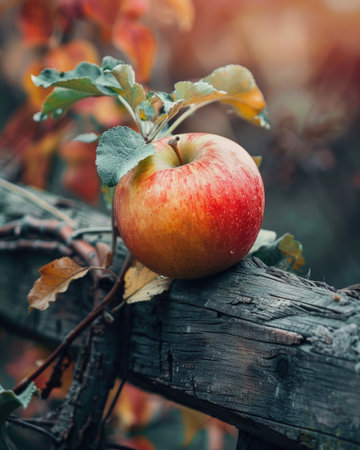 Apple on a branch with a rustic wooden fence in the backgroundの素材