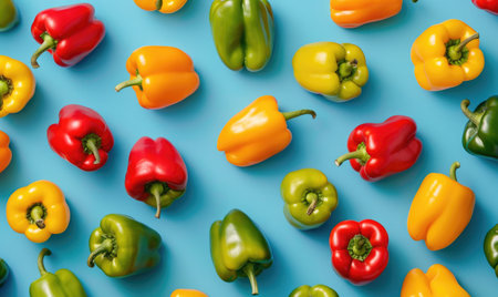 Top view of a variety of bell peppers on a pastel blue backgroundの素材