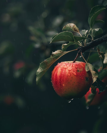 Apple on a branch with a few scattered raindropsの素材
