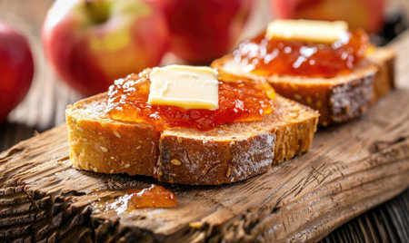 Apple jam on a slice of bread with butterの素材