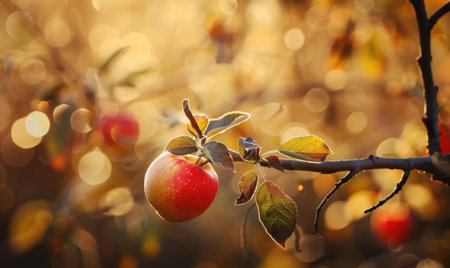 Apple on a branch with autumn colors in the backgroundの素材