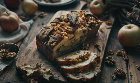 Apple and walnut bread sliced on a wooden boardの素材