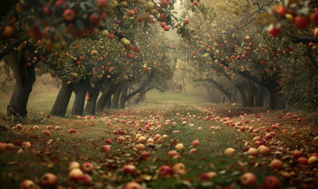 Apple orchard with trees full of ripe applesの素材