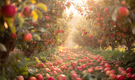 Apple orchard with trees full of autumn apples fallen apples on the groundの素材