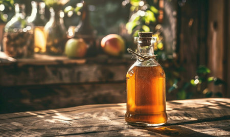 Apple syrup in a bottle with a wooden stopper on a rustic tableの素材