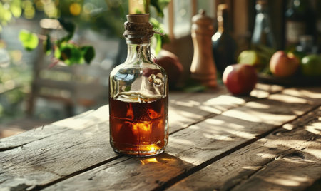 Apple syrup in a bottle with a wooden stopper on a rustic tableの素材