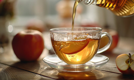 Apple syrup being poured into a cup of teaの素材