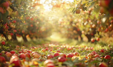 Apple orchard with trees full of autumn apples fallen apples on the groundの素材