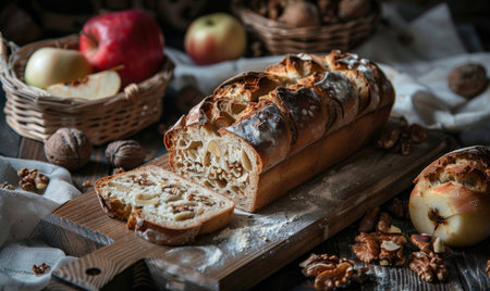 Apple and walnut bread sliced on a wooden boardの素材