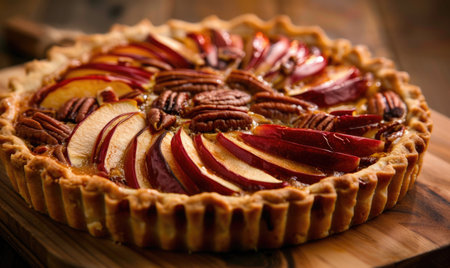 Apple and pecan tart on a wooden boardの素材
