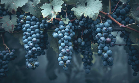 Bunches of grapes hanging from vinesの素材