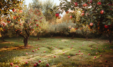 Apple orchard with trees full of ripe applesの素材