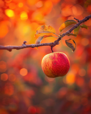 Apple on a branch with autumn colors in the backgroundの素材